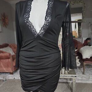 Black deep V neck dress